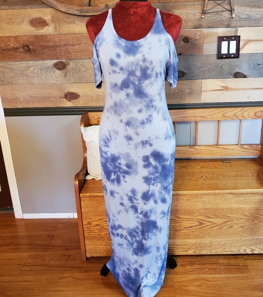 Design History Blue Tied Dyed Cold Shoulder Dress - Picture 1 of 6